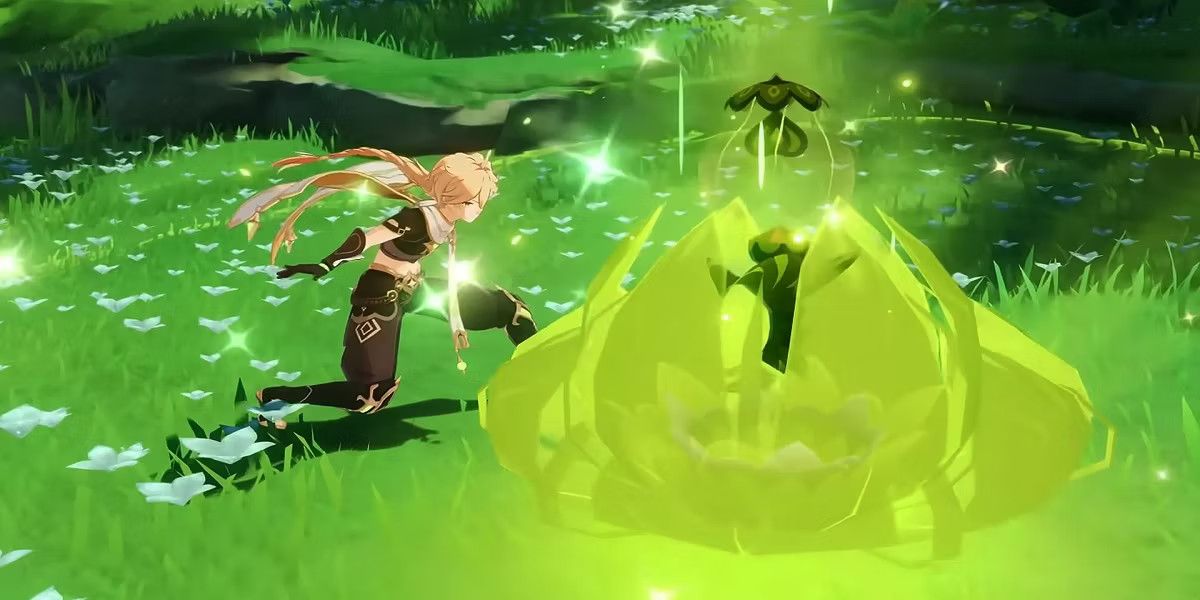 Aether utilizando o elemento Dendro em Genshin Impact