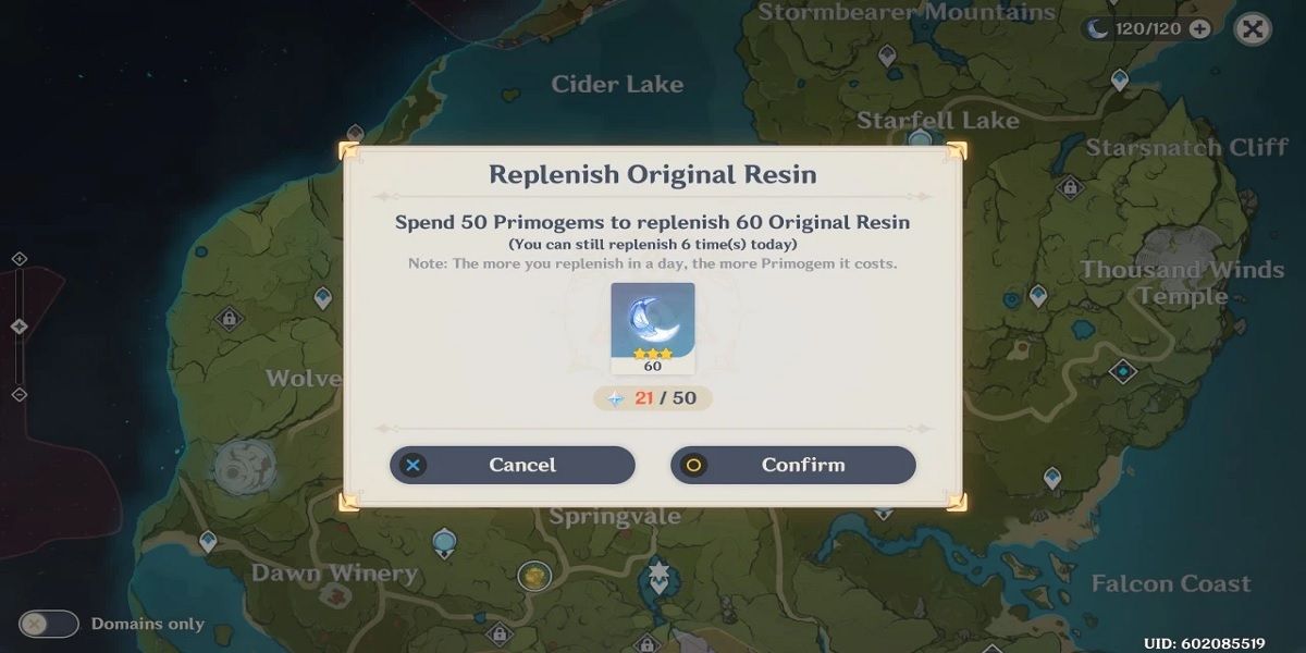 A tela de restauração de resina em Genshin Impact.