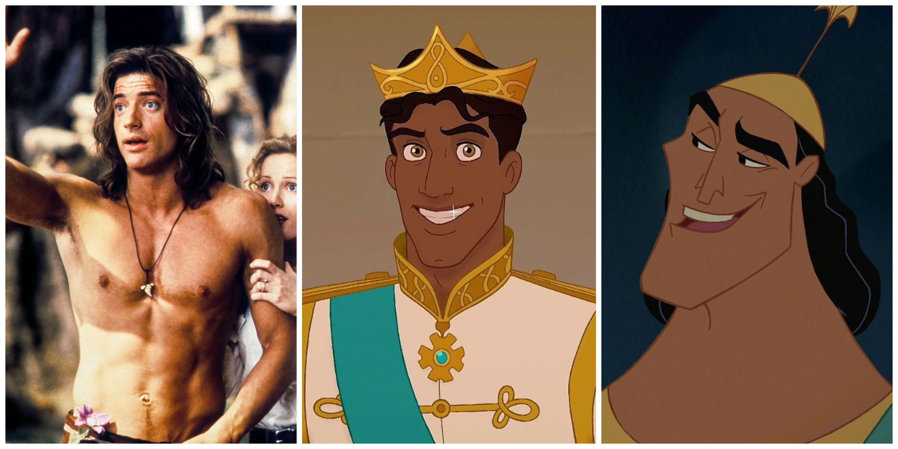 George of the Jungle, Prince Naveen from The Princess and the Frog, Kronk from The Emperor's New Groove split image.
