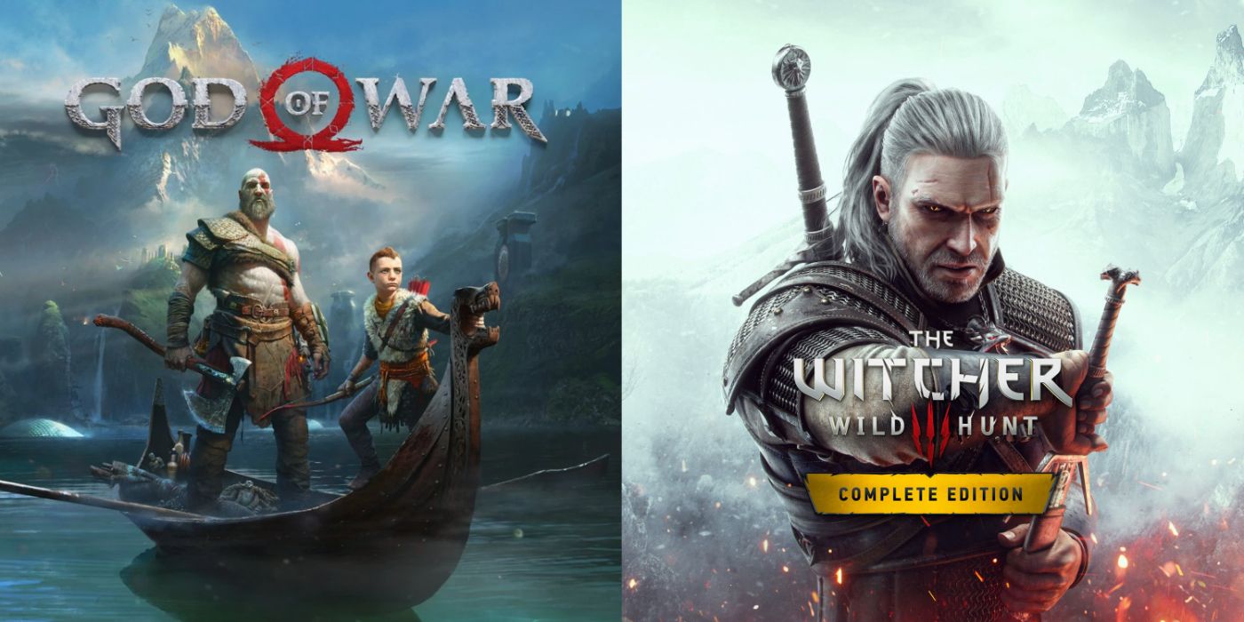 Split image of God of War and The Witcher 3 promo art.