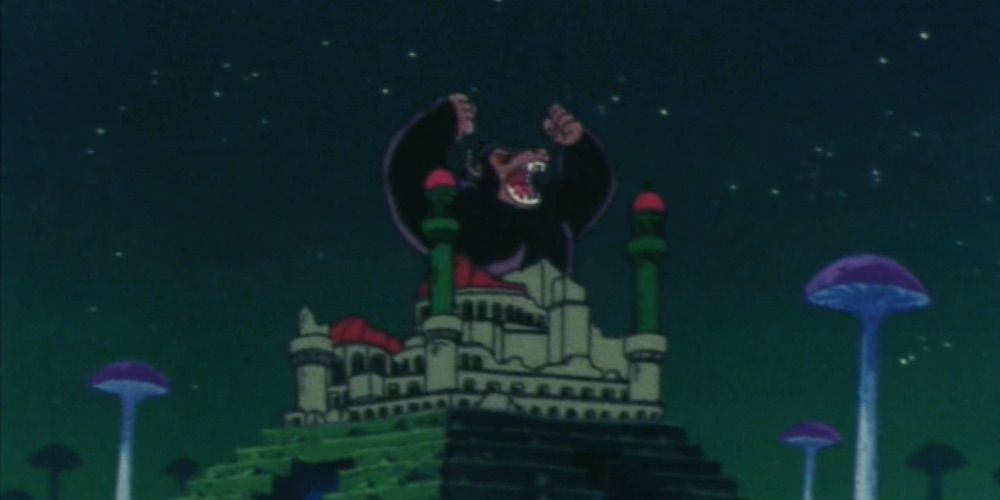 O Grande Macaco Goku destrói o castelo de Pilaf em Dragon Ball.
