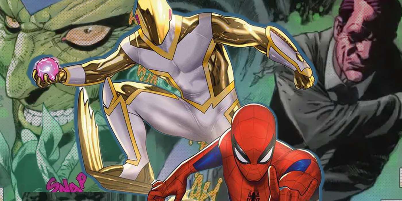 gold goblin teams up with Spider-Man with Norman Osborn and Green Goblin in the background