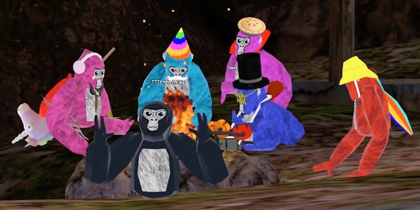 Gorillas are seen in a cave in Gorilla Tag