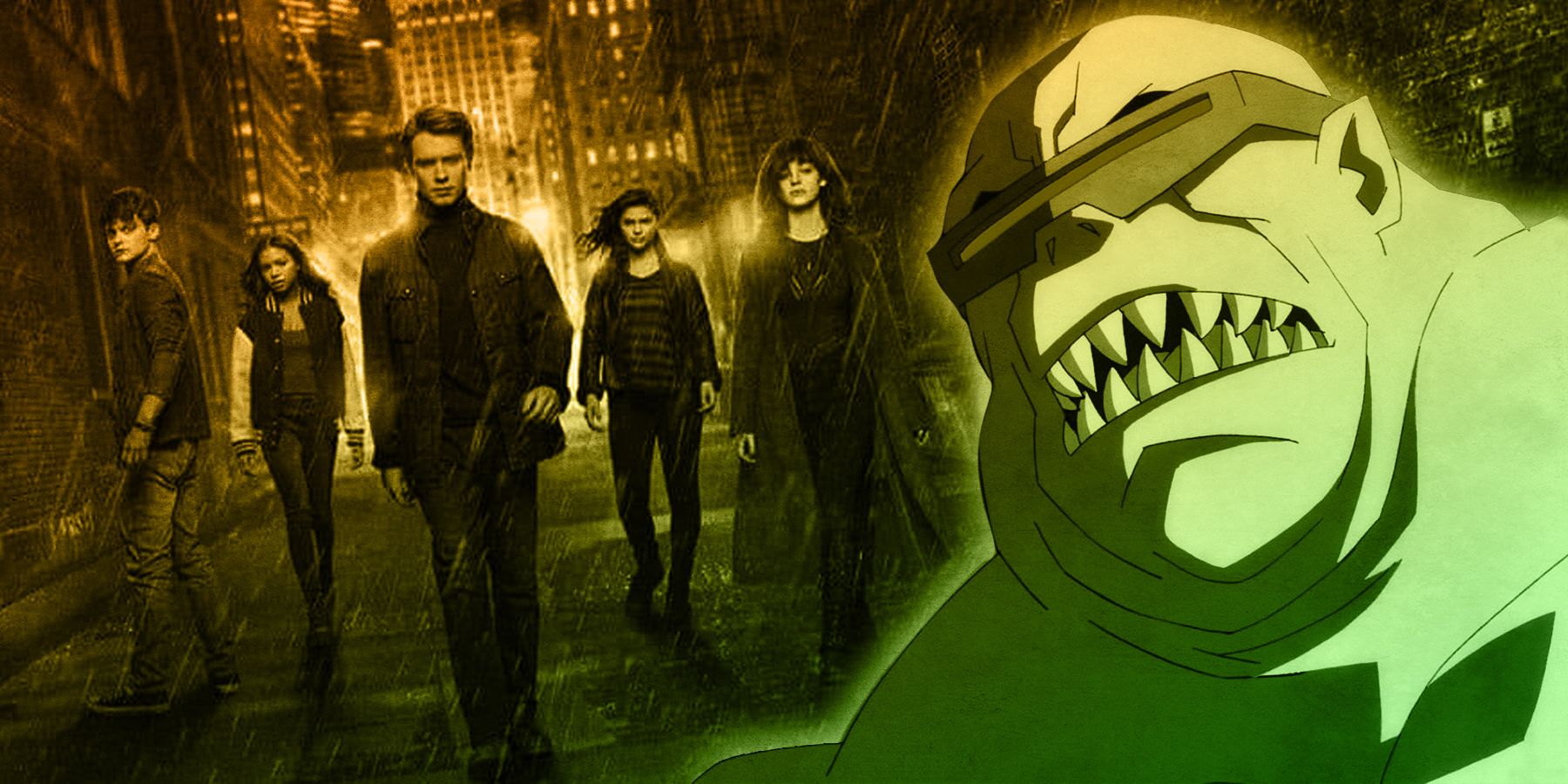 On the left, the Gotham Knights walk through the rainy streets of Gotham in casual attire. On the right, a close-up of the Mutant Leader bares his sharp teeth.
