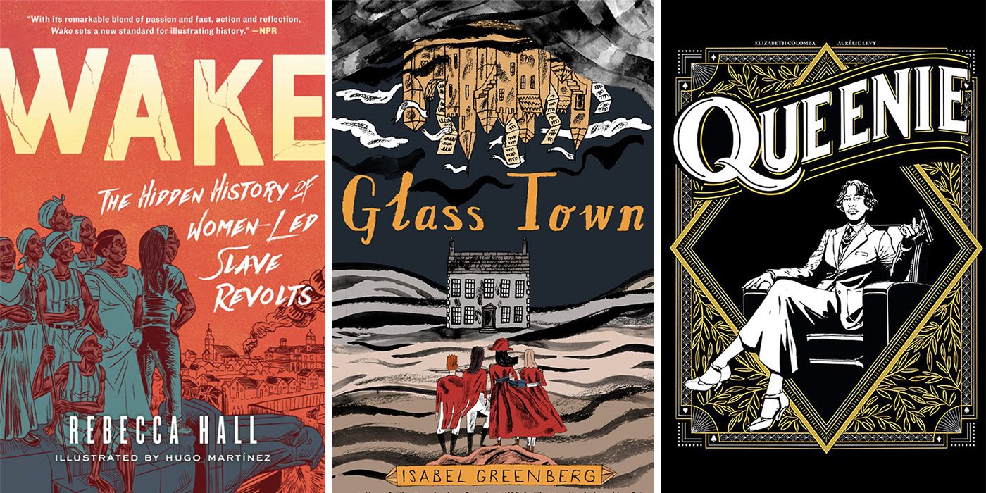 A split image of graphic novel covers for Wake, Glass Town, and Queenie