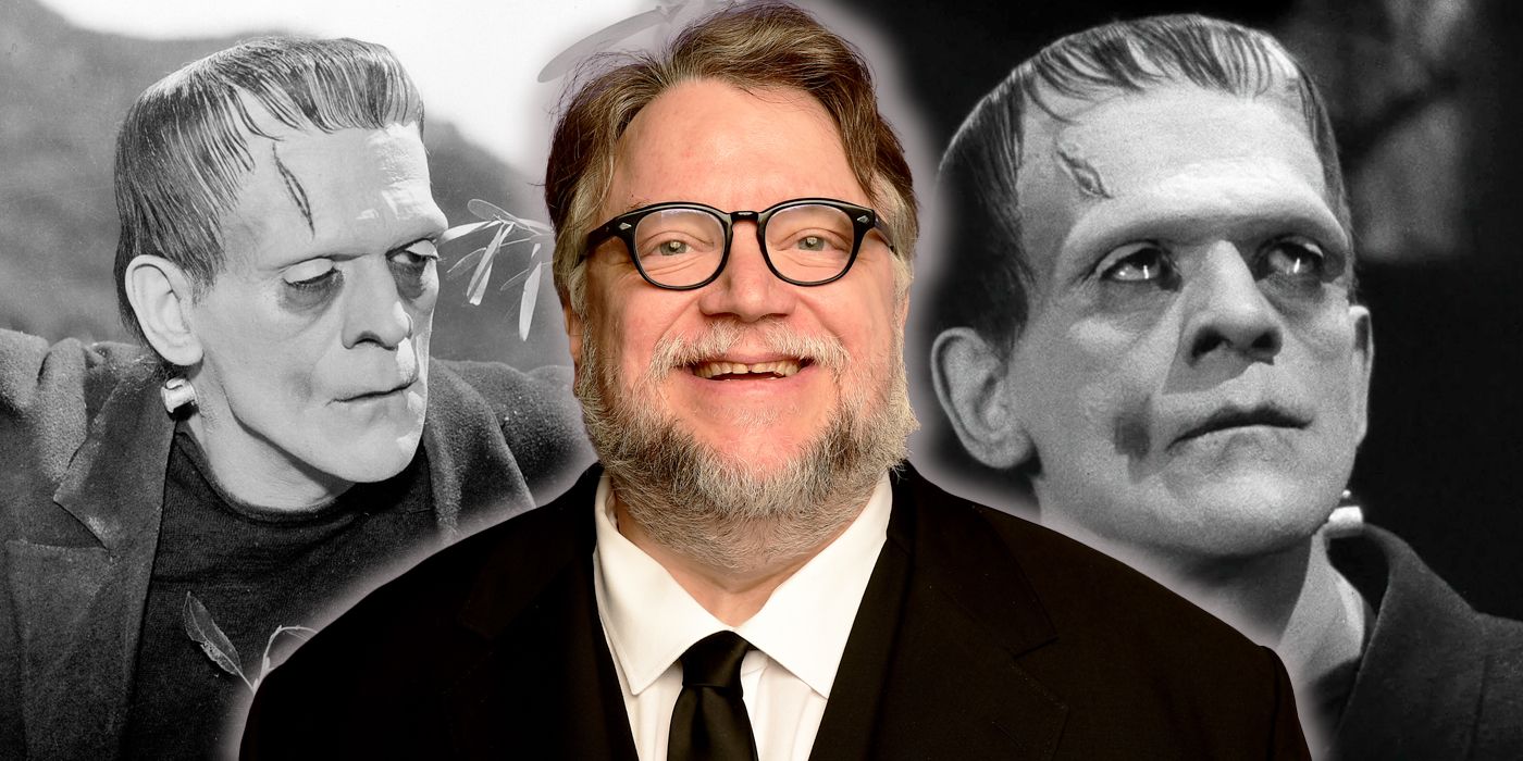 Guillermo del Toro in front of Boris Karloff's Creature from Frankenstein