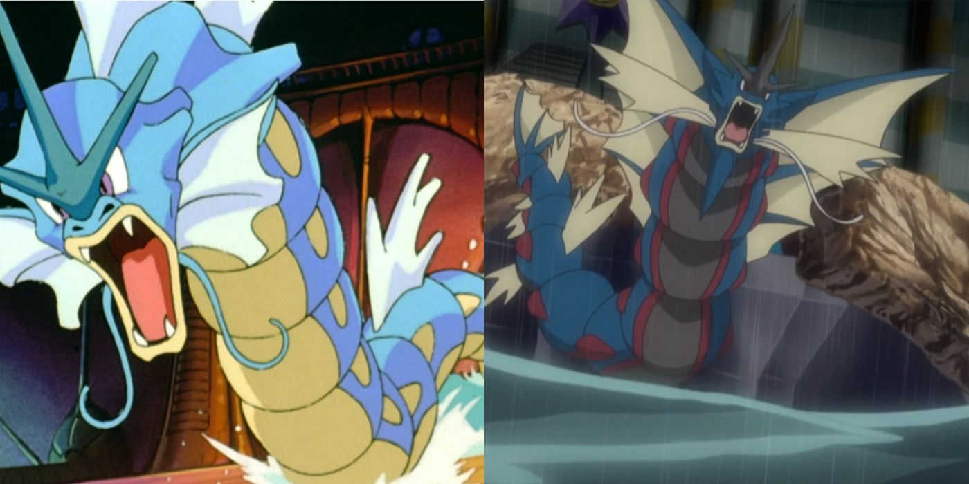 Imagem dividida de Gyarados no primeiro filme de anime e Mega Gyarados na série de TV.