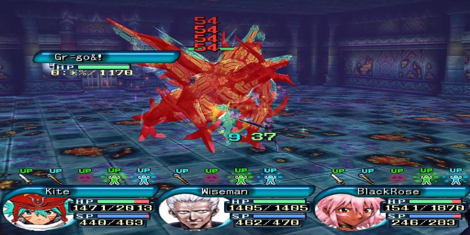 Gameplay of .hack//Sign PS2 game; a party fighting an enemy.
