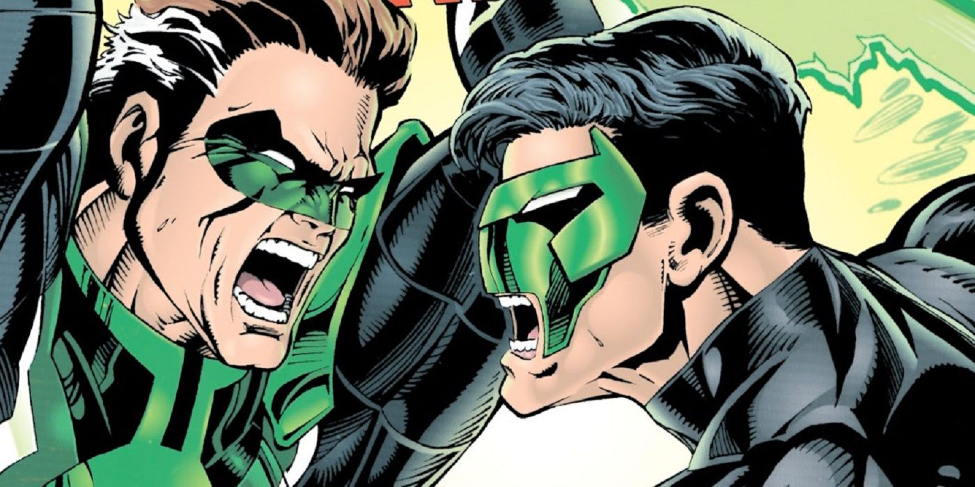 Hal Jordan and Kyle Rayner fight in DC Comics.