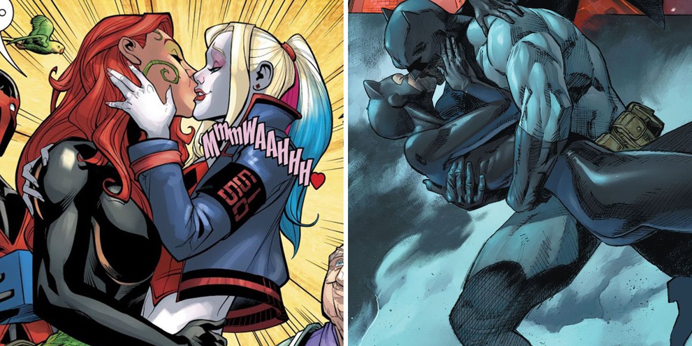 split image of Harley Quinn kissing Poison Ivy in the New 52, and Batman dipping and kissing Catwoman in nightly fog.
