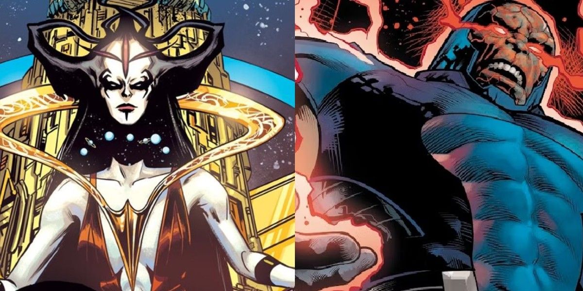 split image of Perpetua and Darkseid, ruling over their evil DC empires