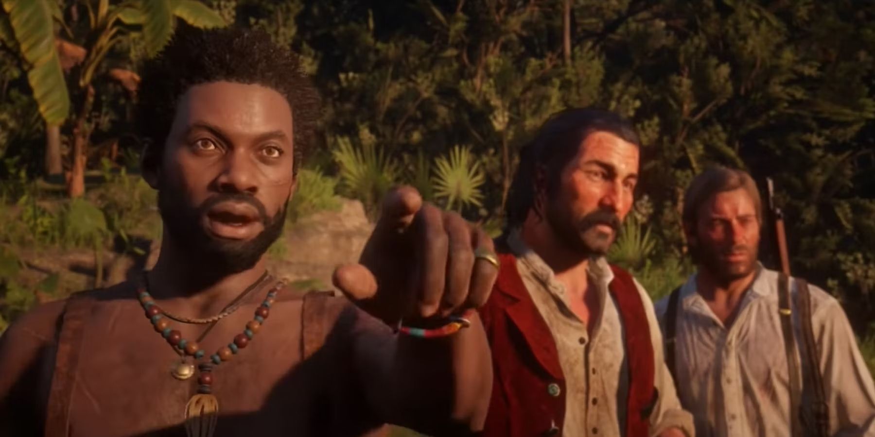 Hercule Fontaine ajudando Dutch van der Linde e Arthur Morgan em Red Dead Redemption 2.