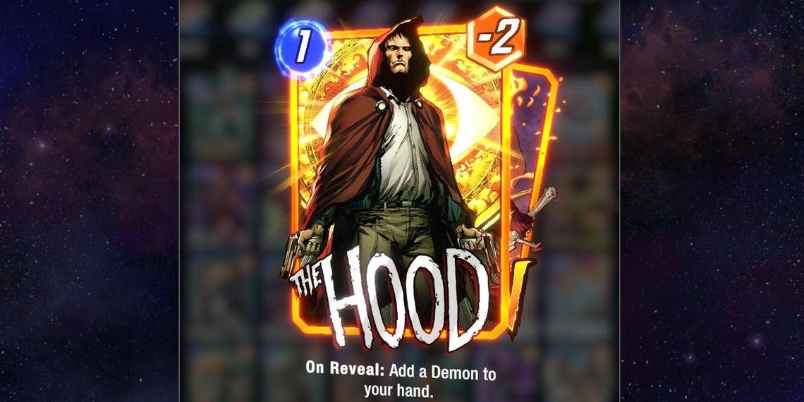 The Hood in Marvel Snap, with its description in front of a starry sky.