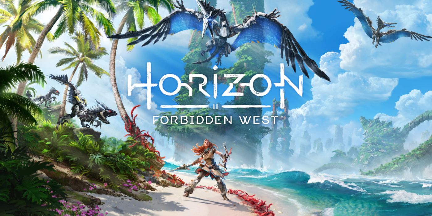 Arte promocional de Horizon Forbidden West com Aloy em uma praia olhando para um Sunwing.