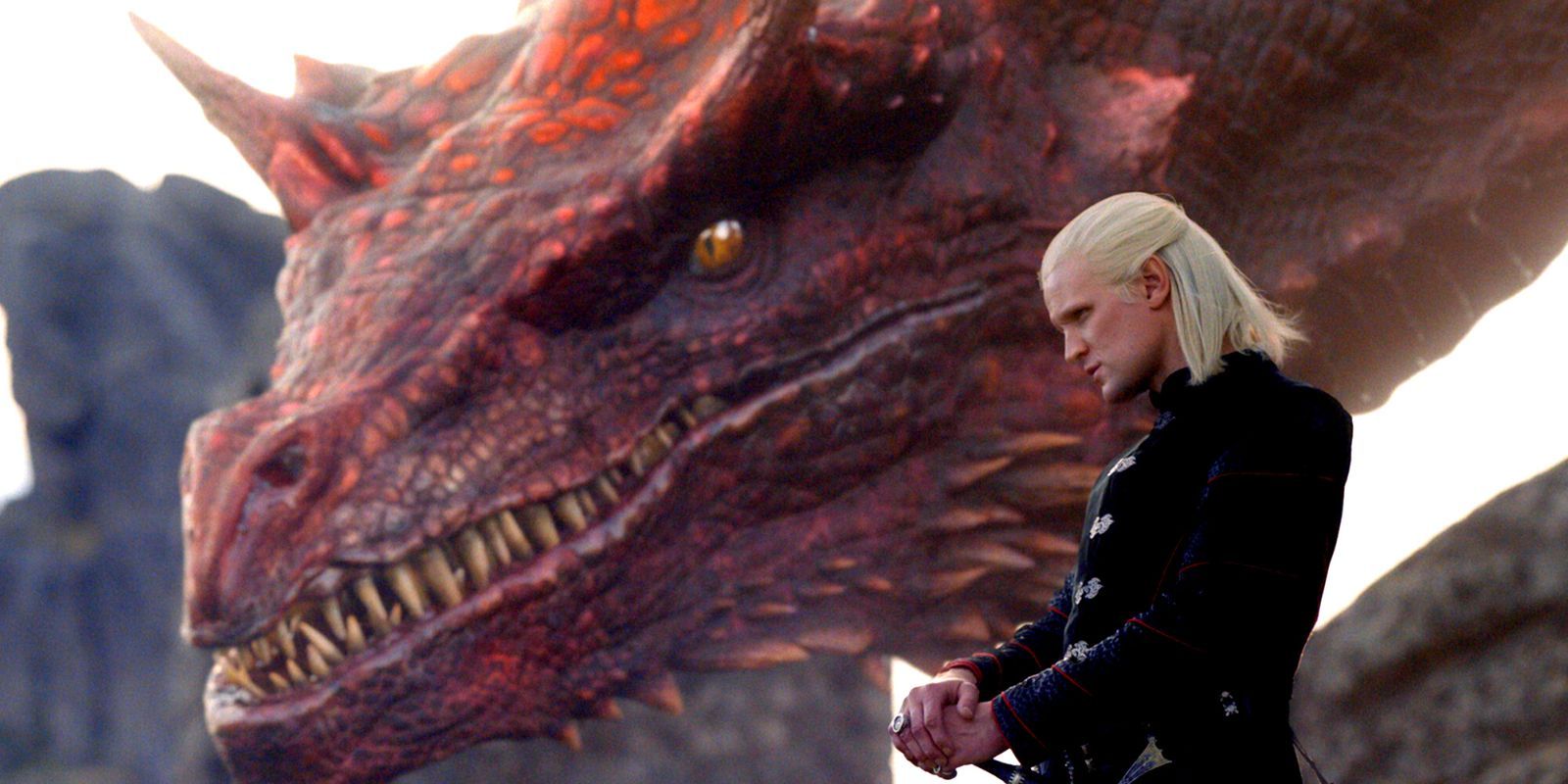 Matt Smith alongside a red dragon in HBO's House of the Dragon