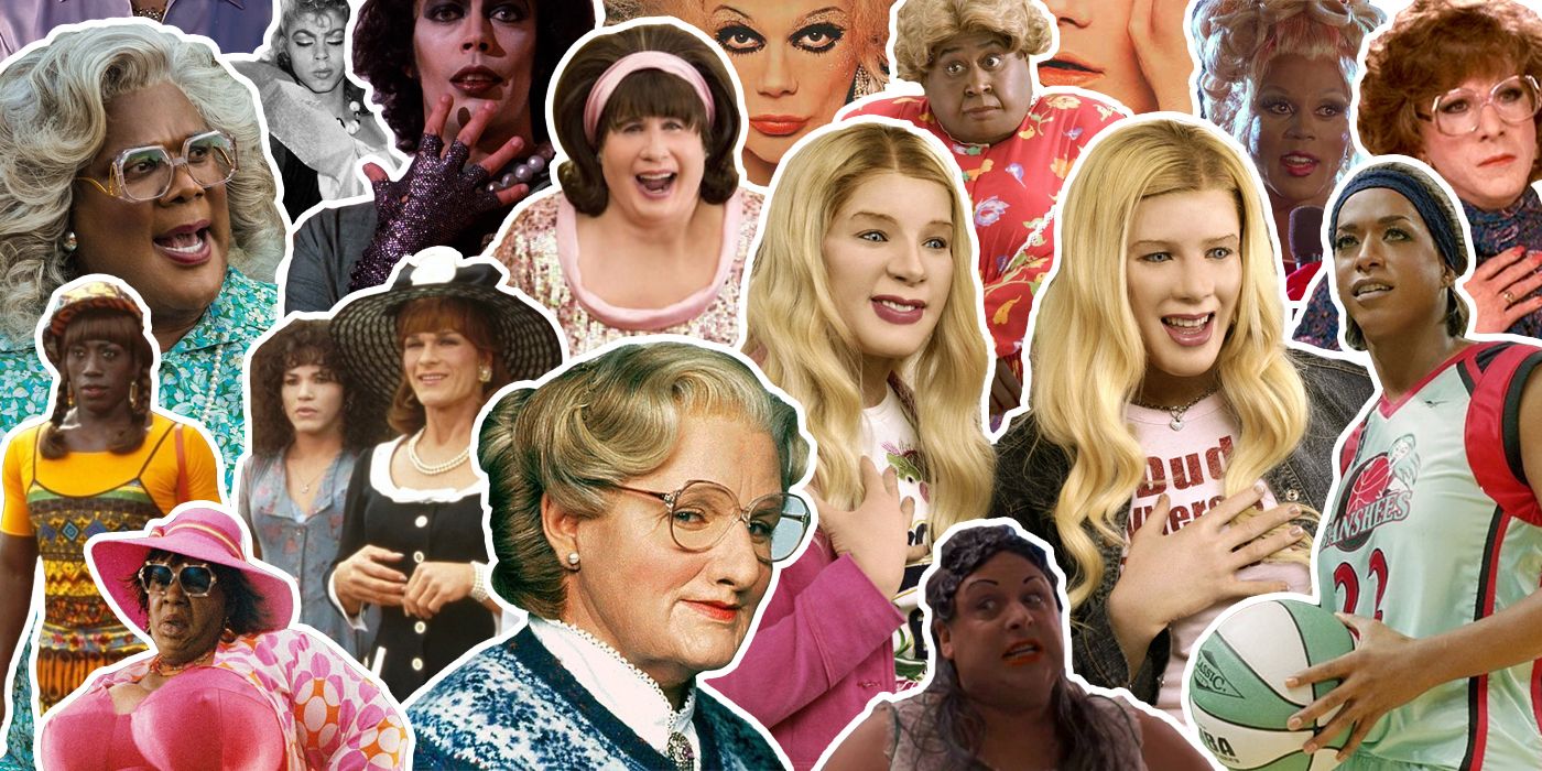 A collage of actors in drag in movies, including Mrs. Doubtfire, White Chicks and Hairspray.