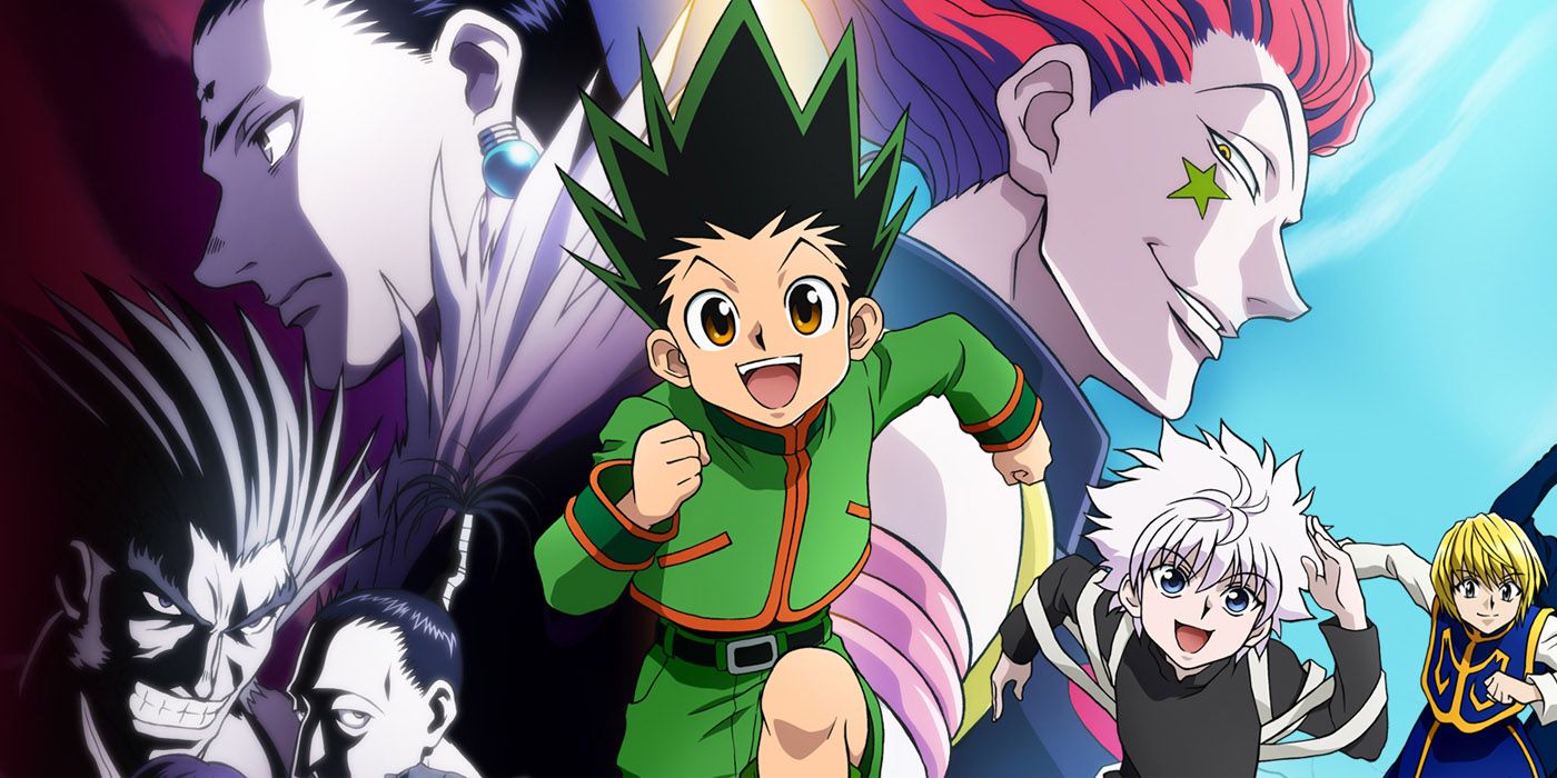 Gon Freecs from Hunter x Hunter pictured running in front of characters from the franchise.