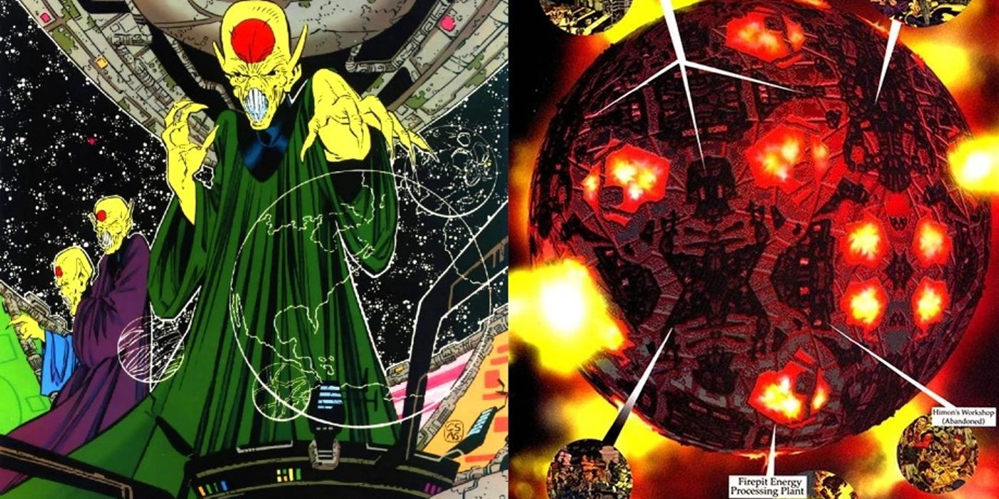 split image: the Dominators alien race looms and Apokolips roars with fire pits in DC Comics