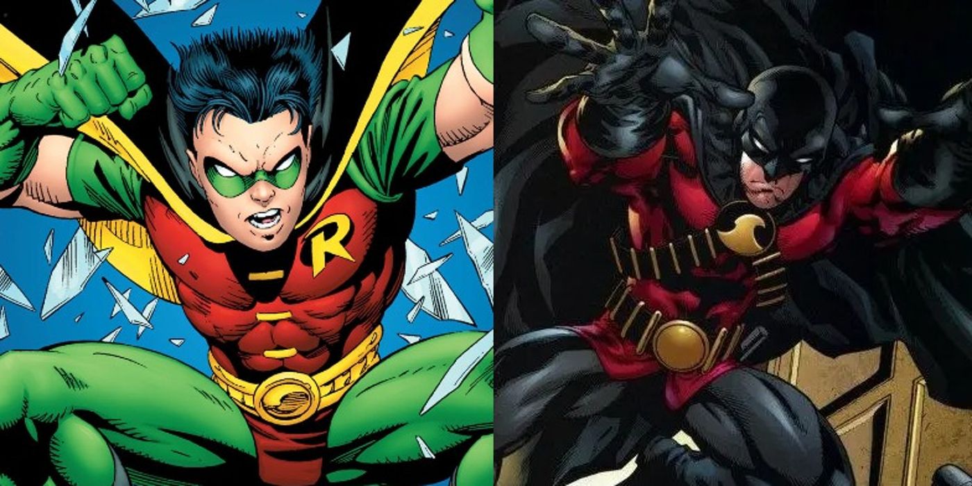 Split image of Tim Drake in his classic Robin and Red Robin costumes in DC Comics