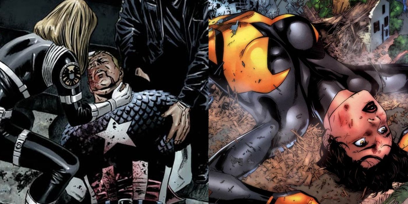 split image: Captain America and Wasp lay dead in Marvel Comics