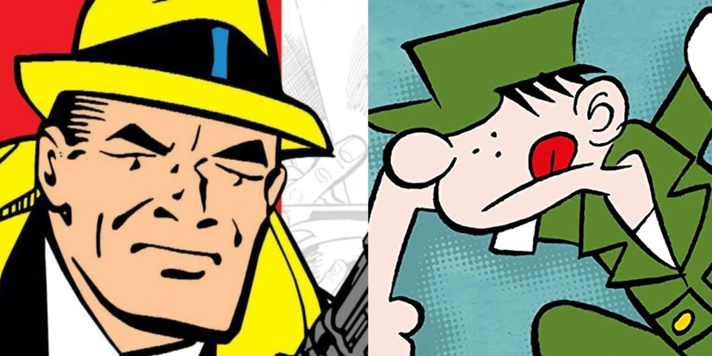 A split image of Dick Tracy and Beetle Bailey in color comic strips