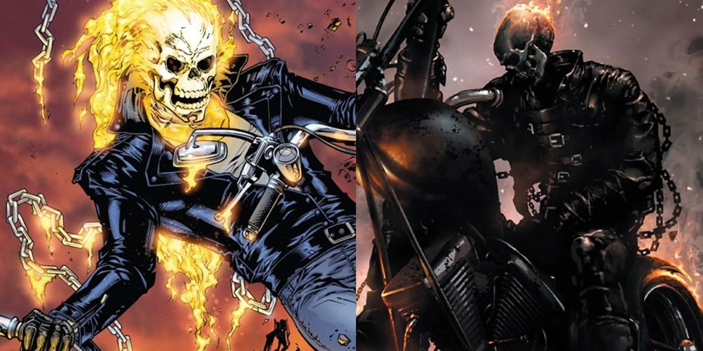 split image of Ghost Rider wielding his chain and riding his motorcycle in Marvel Comics