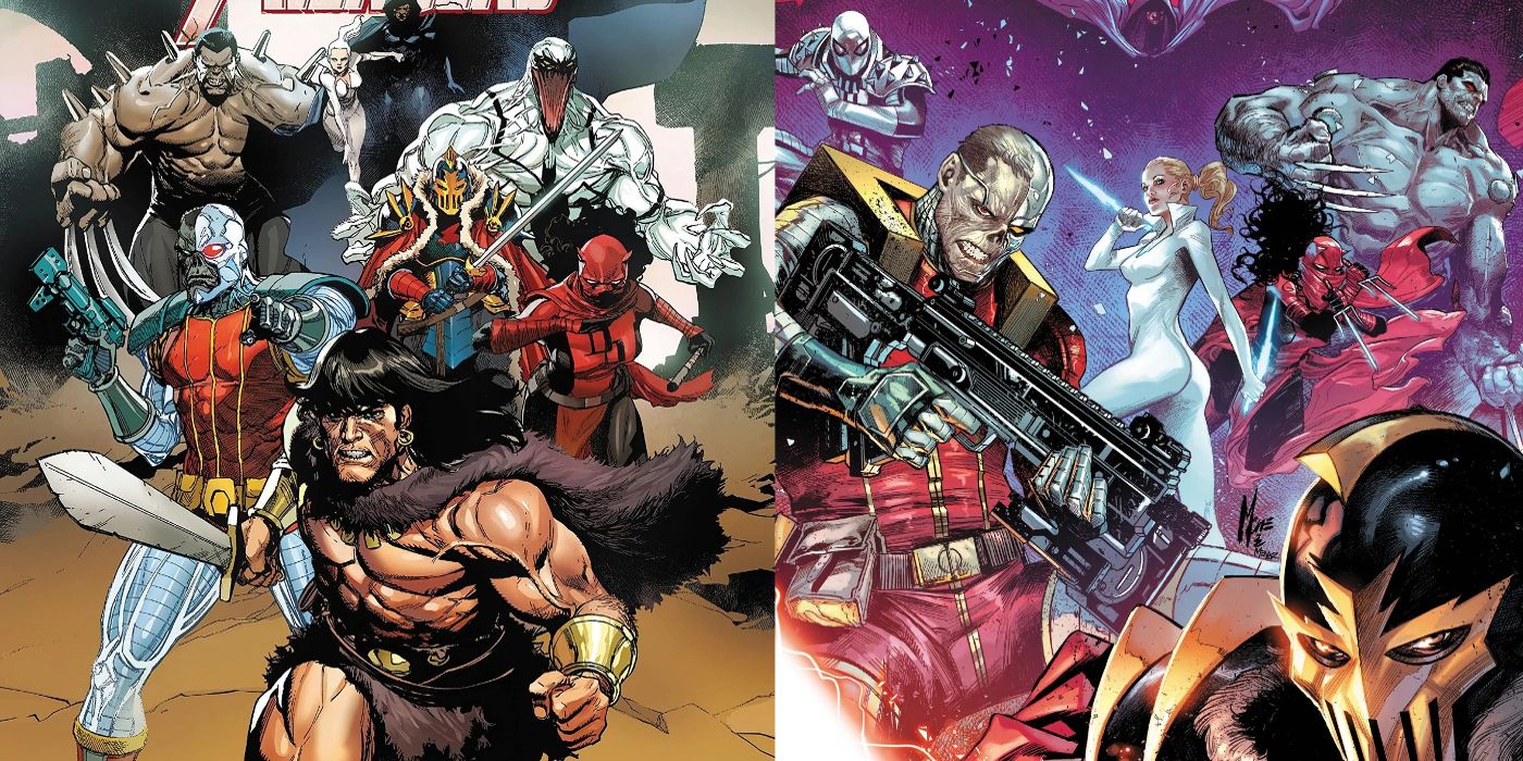 Covers for Savage Avengers #1 and #8 are seen side by side