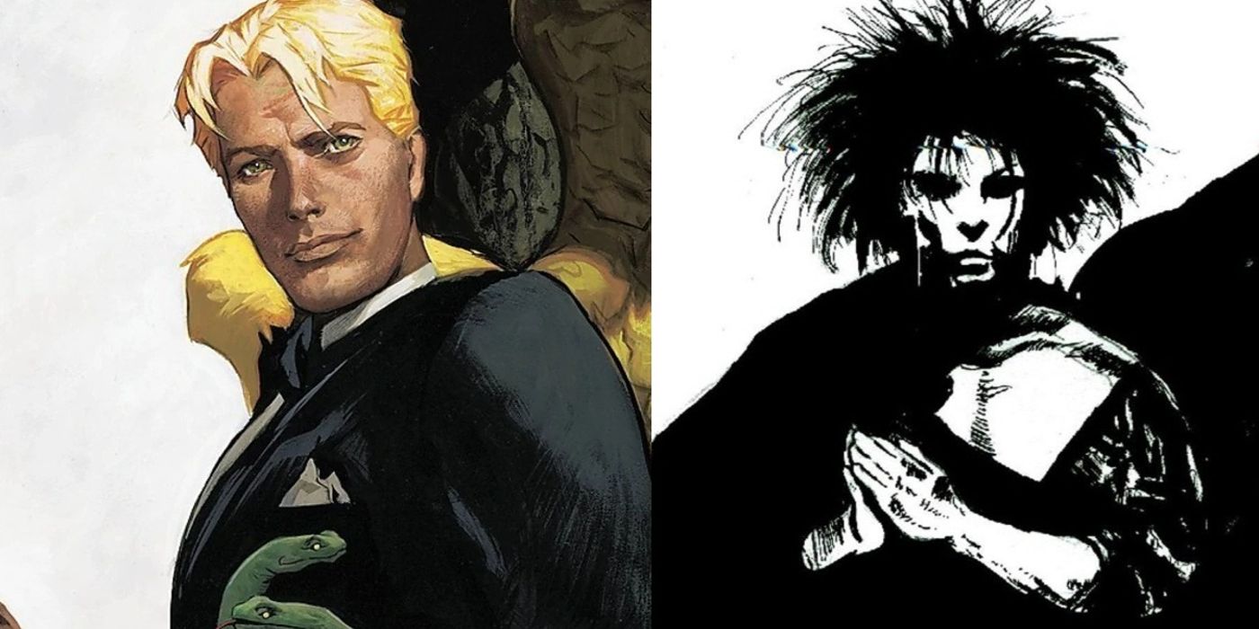 split image of blonde-haired Lucifer and Morpheus from Sandman in DC Comics