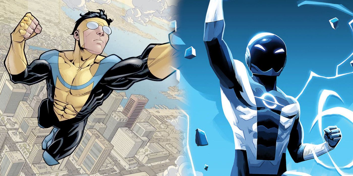 split image of Invincible flying and Radiant Black powering up in comic art