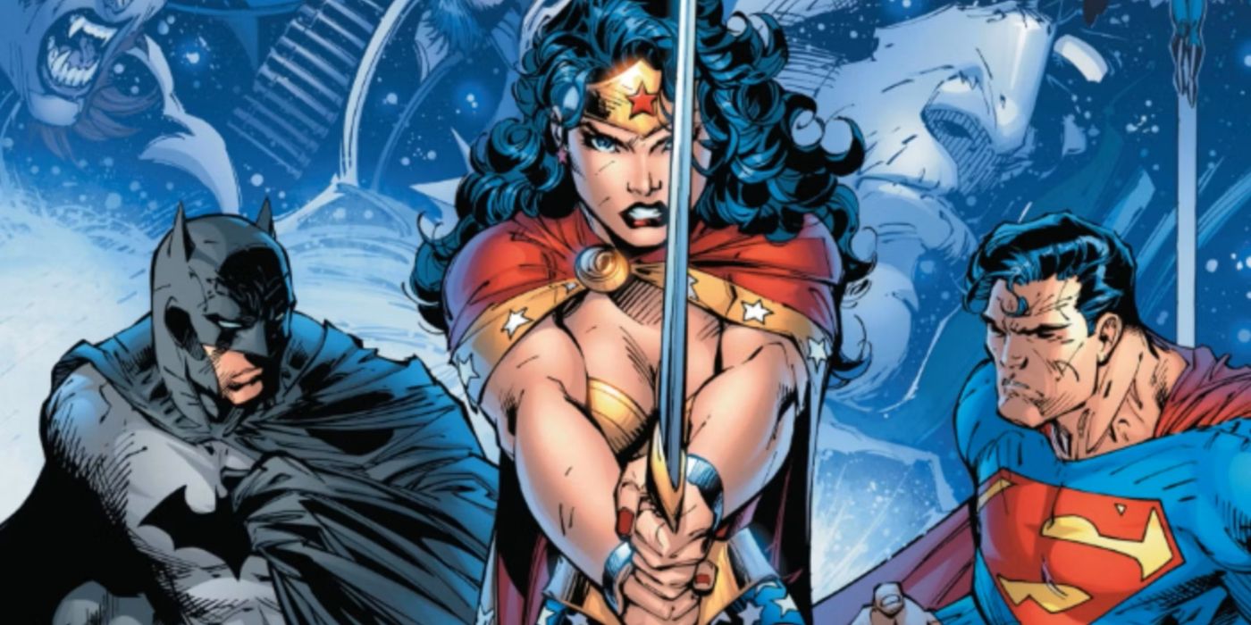 Wonder Woman drawing her sword with Batman and Superman in the background in DC comics