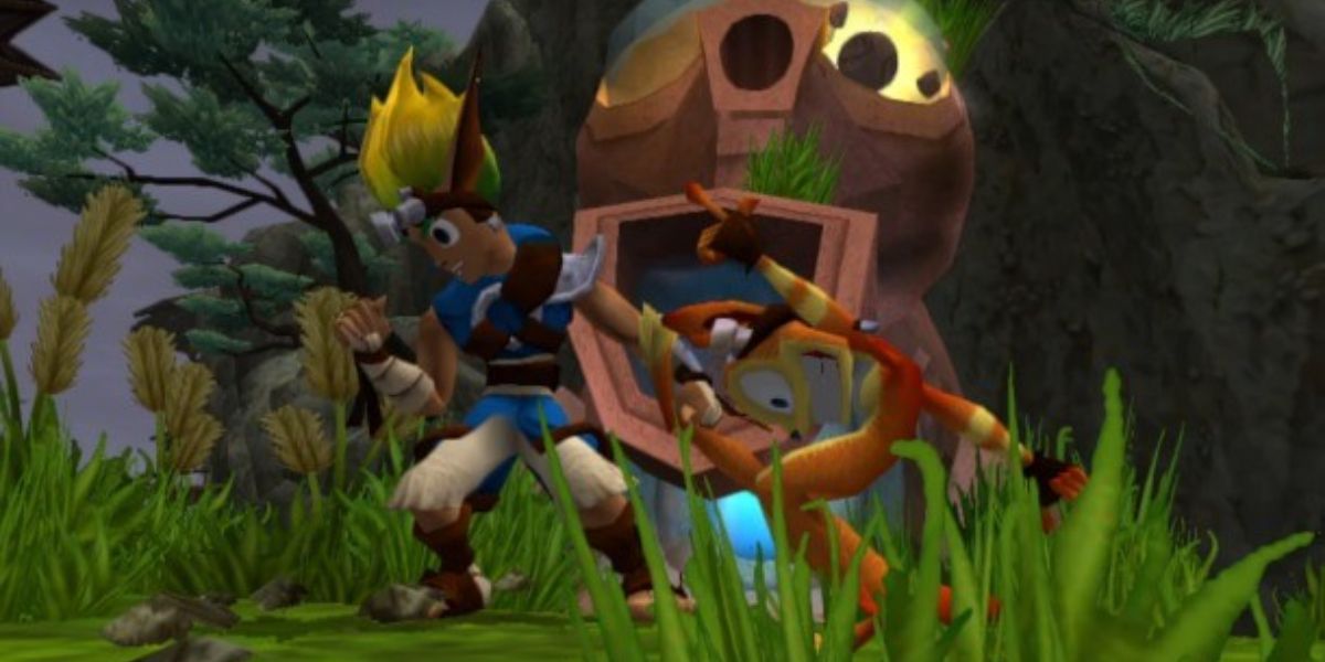 Jak and Daxter celebram a aquisição de uma Power Cell em Jak and Daxter: The Precursor Legacy