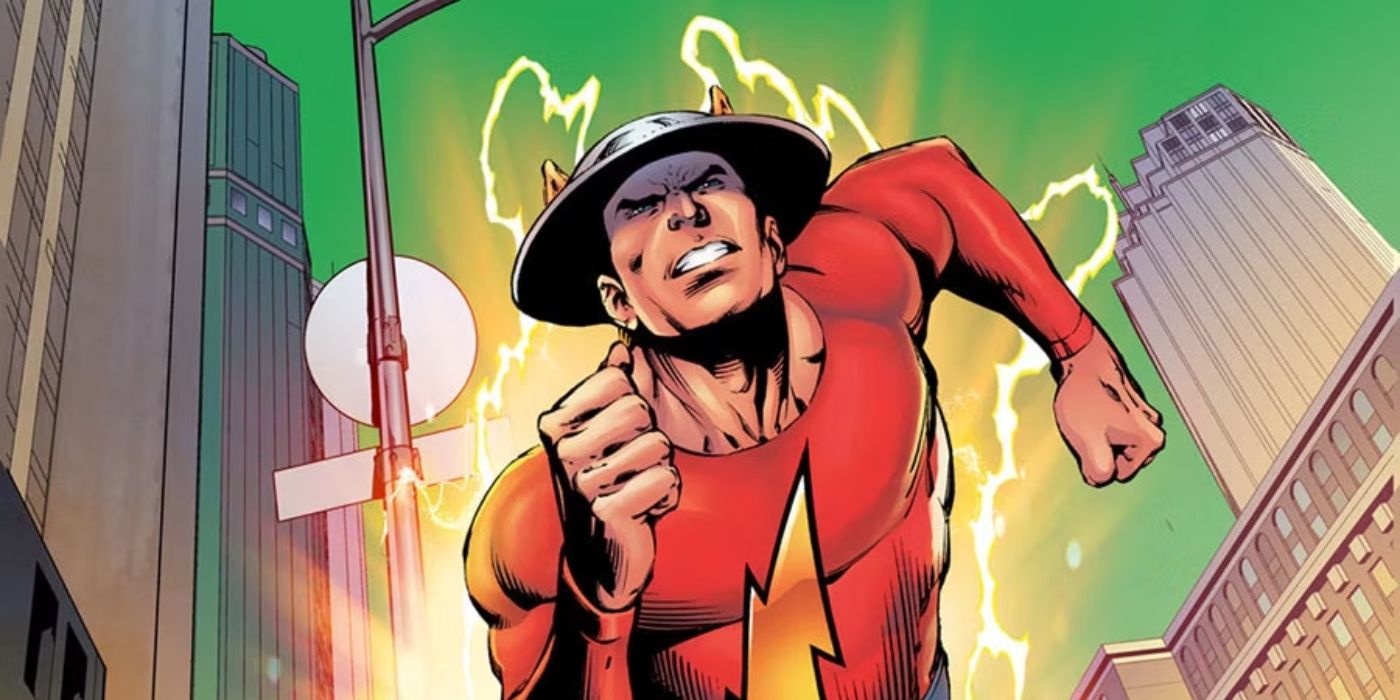 Jay Garrick, the Golden Age Flash, runs through the streets in DC Comics