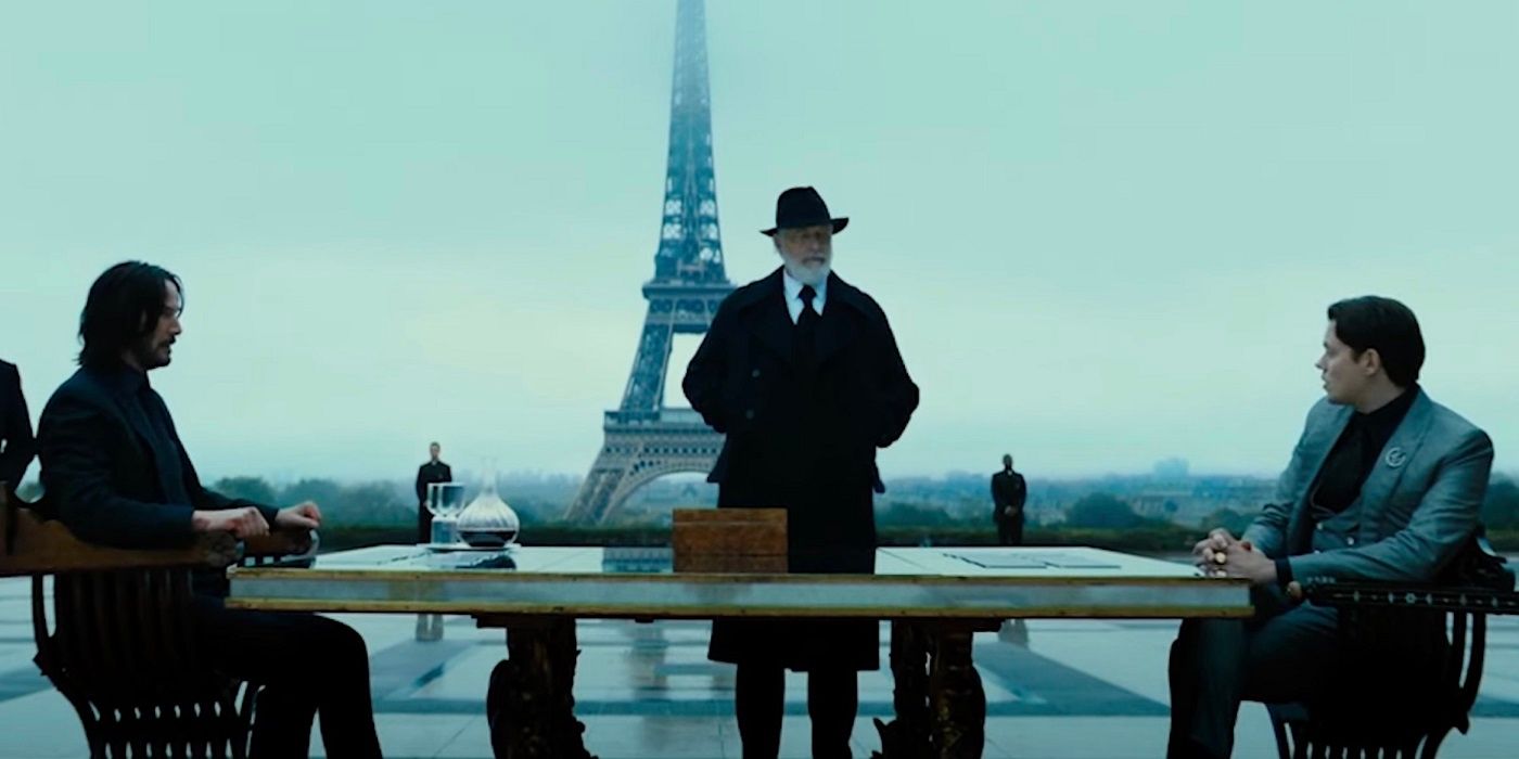 Keanu Reeves, Bill Skarsgard and Clancy Brown in Paris in John Wick: Chapter 4.