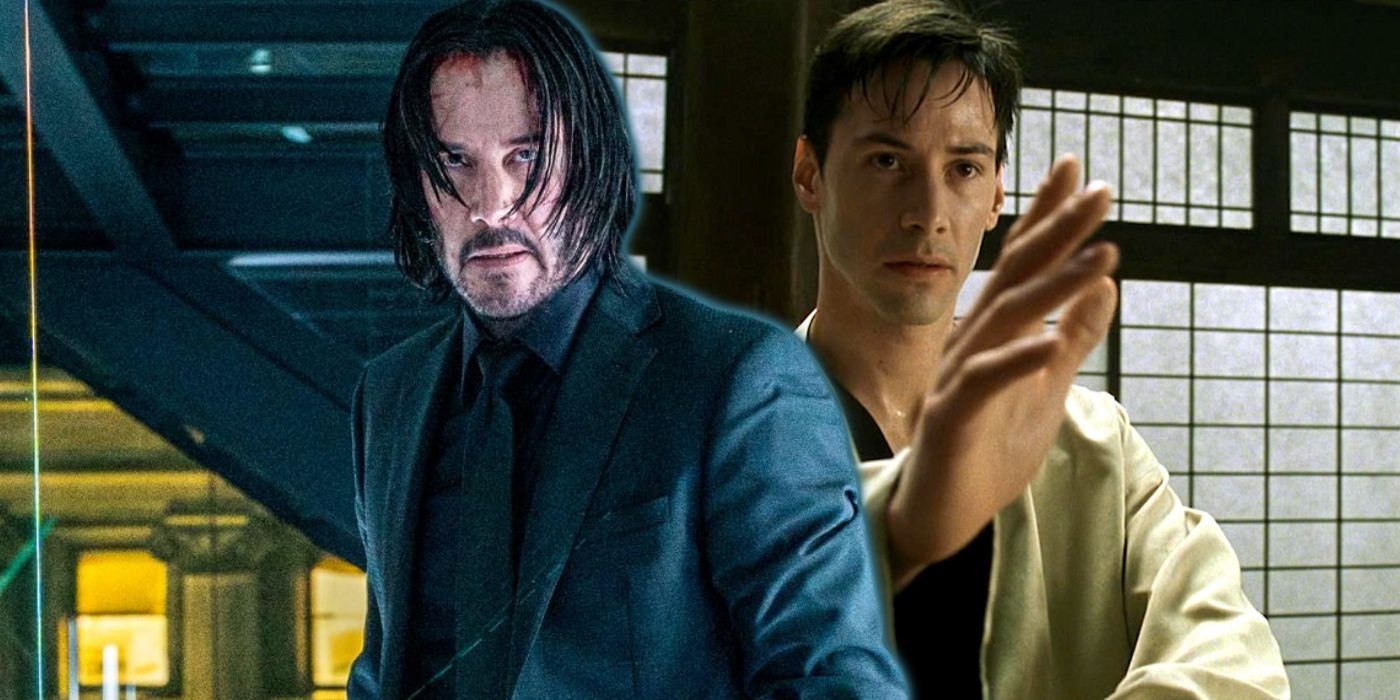 John Wick pictured next to a kung fu-learning Neo in The Matrix.