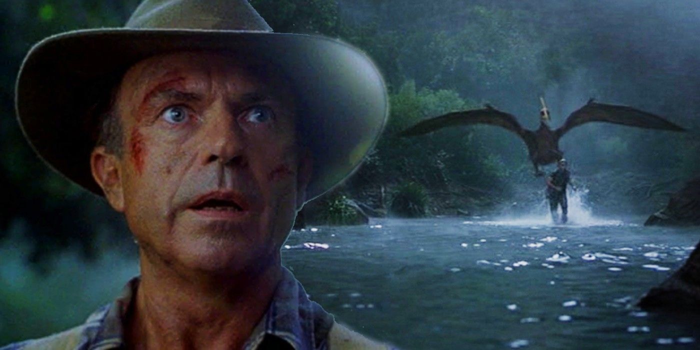 Sam Neill as Alan Grant in Jurassic Park 3 and a Pteranodon flying after a person.