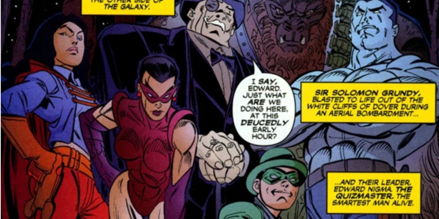 An image of several members of Justice Underground, an Earth-3 superhero team from the DC Comics multiverse. 