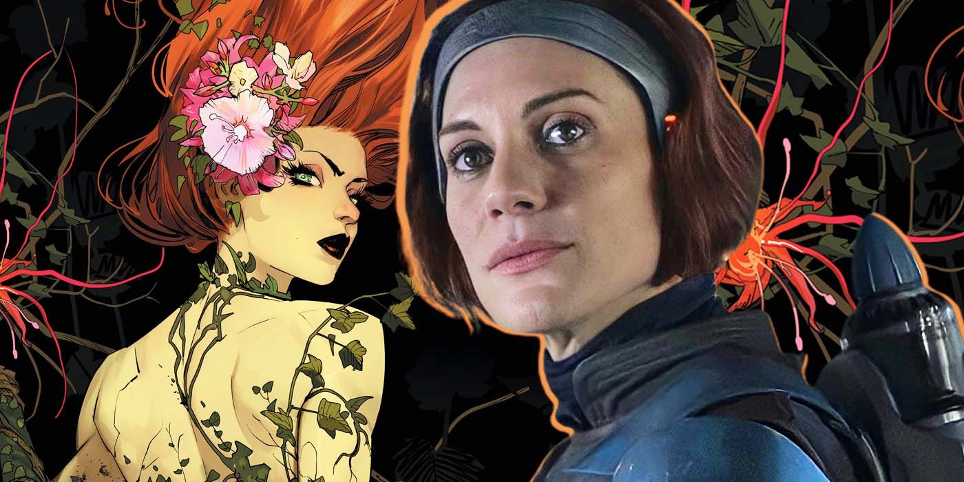 Poison Ivy surrounded by vines alongside a serious Katee Sackhoff in Bo-Katan's armor