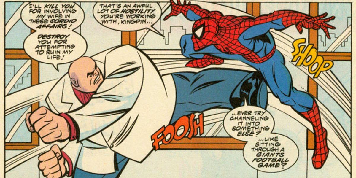 Kingpin and Spider-Man fighting from The Adventures of Spider-Man #7-8, Crimetown, U.S.A. and Kingpin's Return