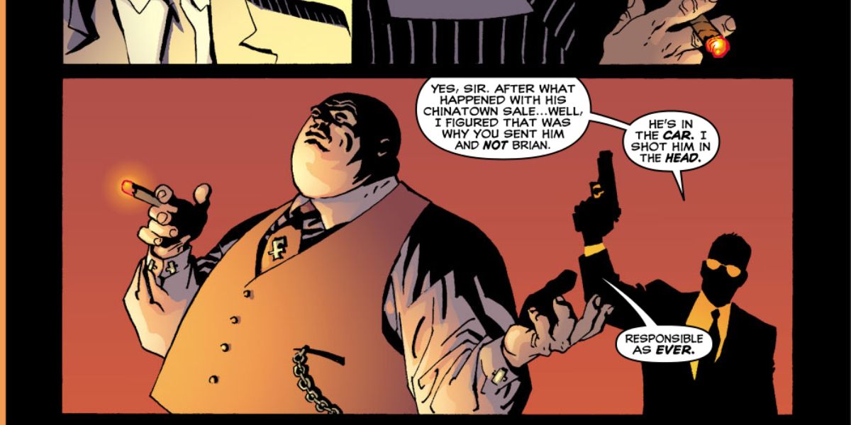 Kingpin's goon giving him a gun from Spider-Man's Tangled Web #4.