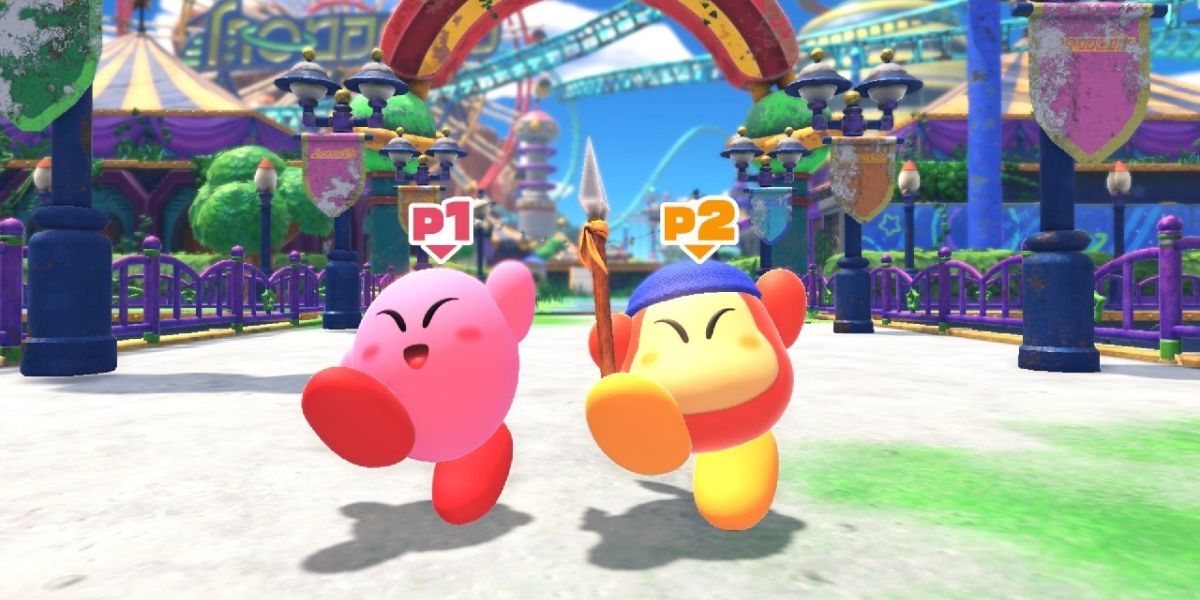 Kirby e Bandana Waddle Dee no modo cooperativo de Kirby And The Forgotten Land.