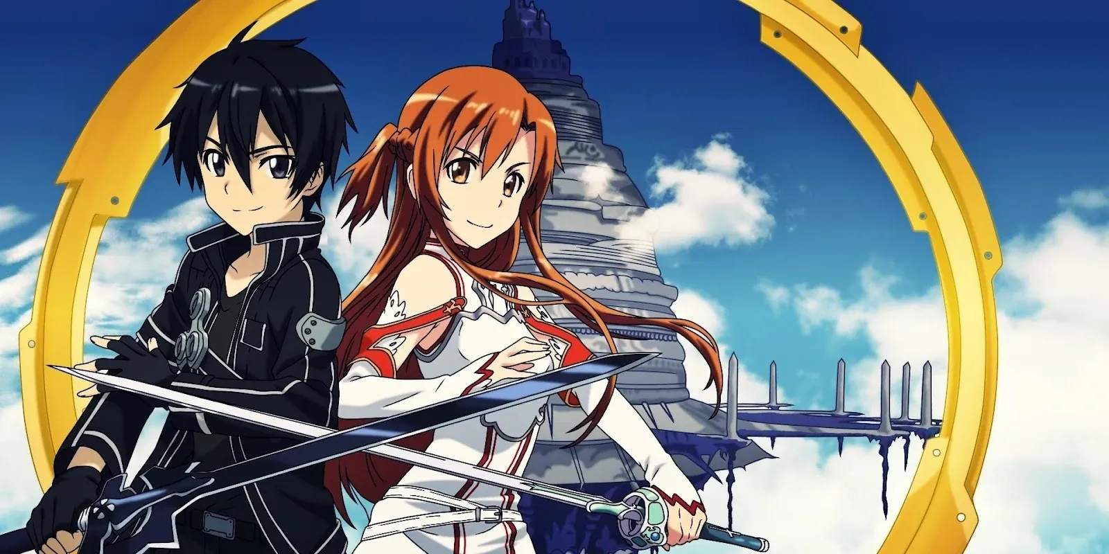 Kirito and Asuna posing with their weapons with Aincrad behind them in Sword Art Online.