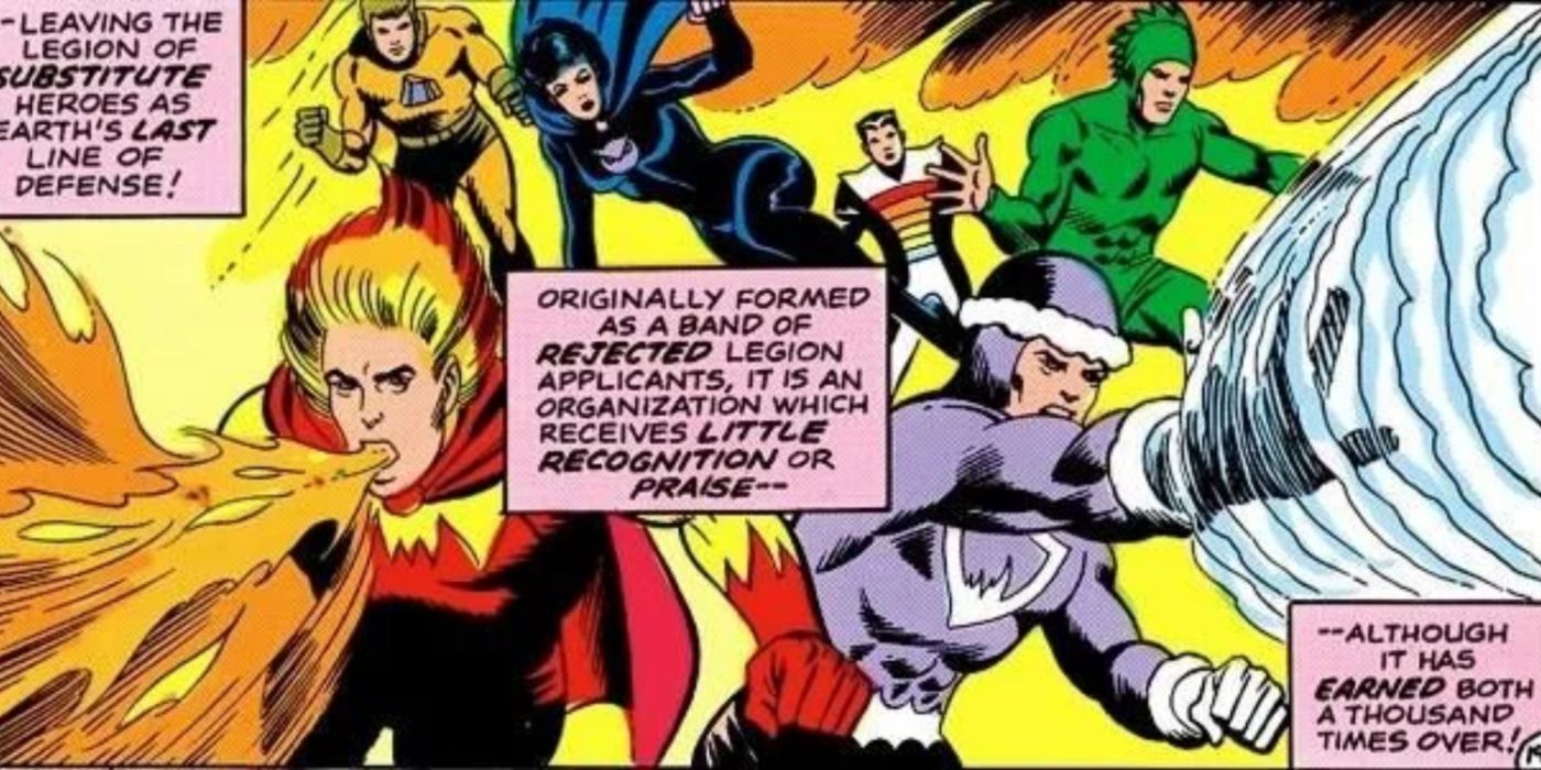 An image of several members of the Legion of Substitute Heroes displaying their unique powers in action.