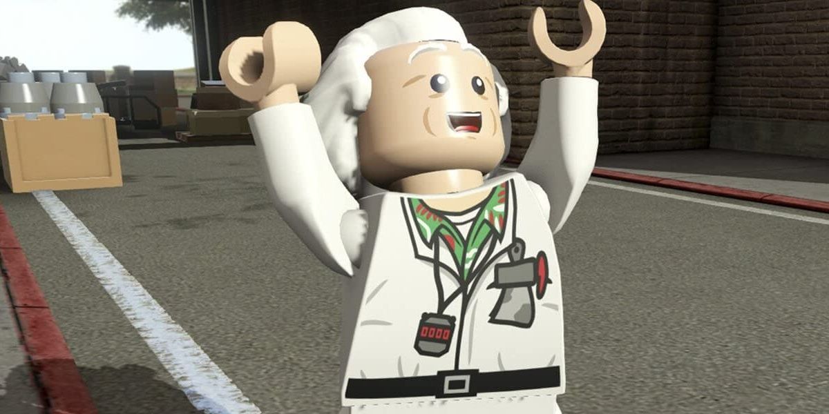 Doc Brown parece alegre ao visitar Hill Valley em LEGO Dimensions.