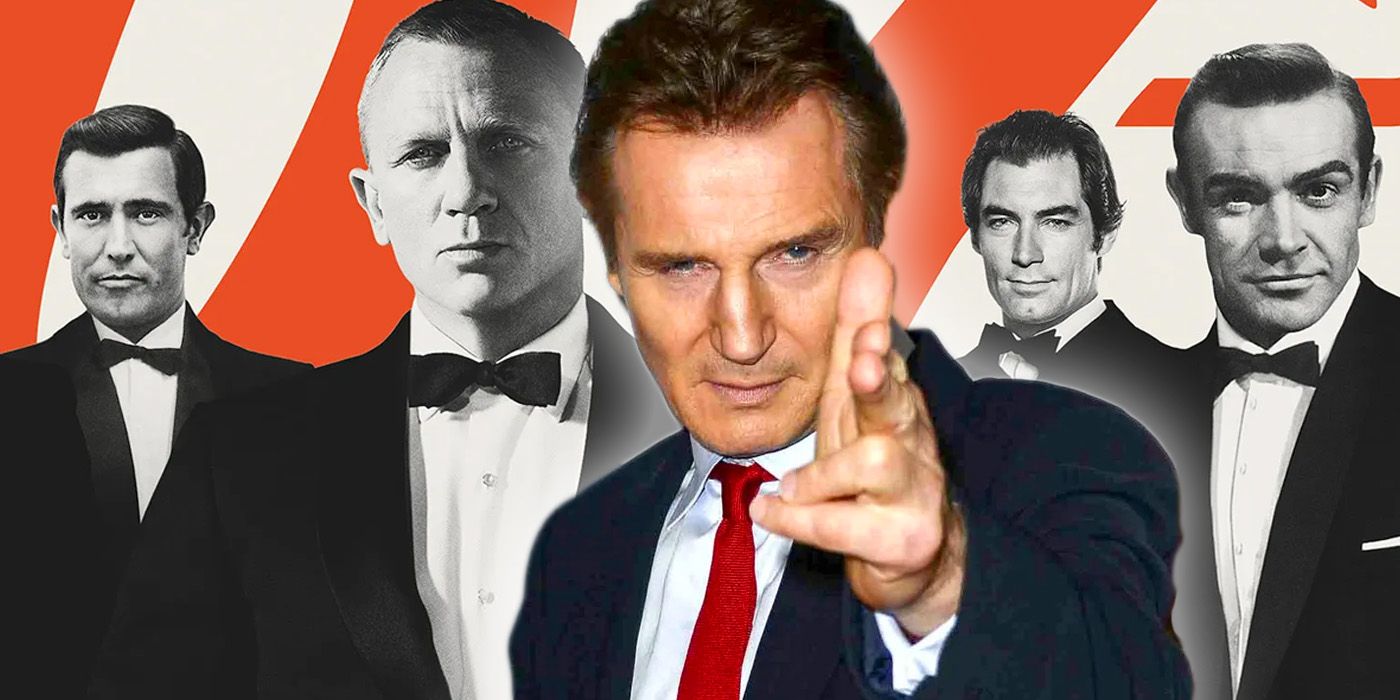 Liam Neeson pictured making a finger gun gesture in front of a 60th-anniversary collage of James Bond actors.
