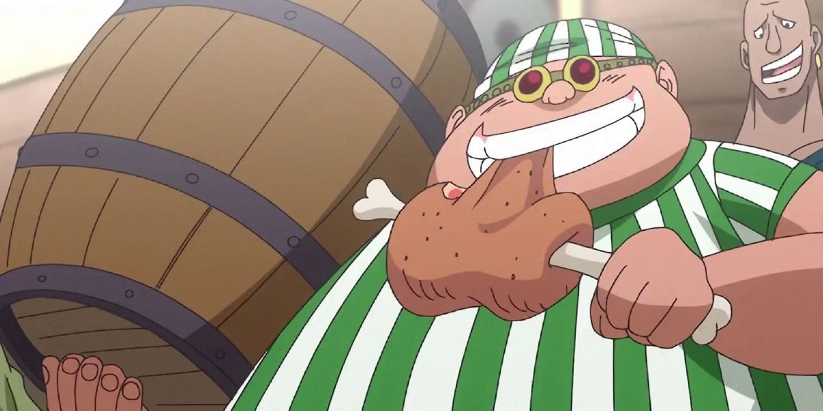 Lucky Roux comendo um pedaço de carne no anime One Piece pós-timeskip