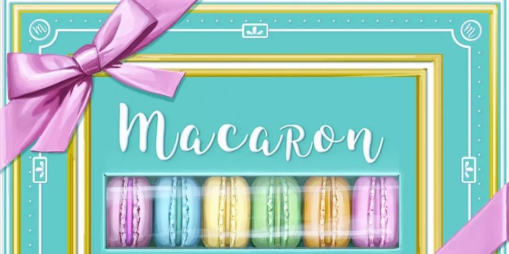 Arte da caixa do jogo de cartas Macaron;  macarons de cor pastel em uma caixa.