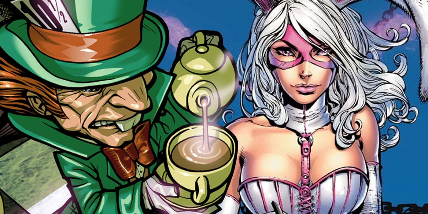 Mad Hatter pours tea and White Rabbit holds Batman down in DC Comics