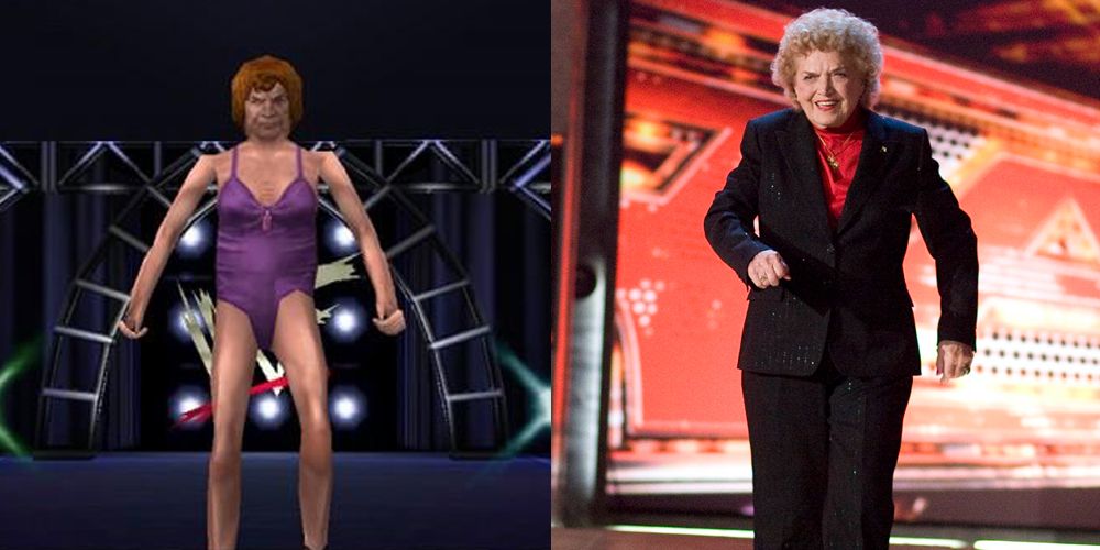 Uma imagem dividida de Mae Young no videogame WWE e em uma arena