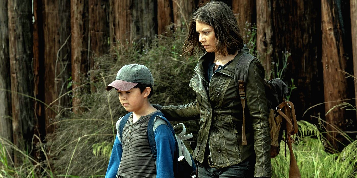 Maggie Greene with her son Hershel Rhee in The Walking Dead.