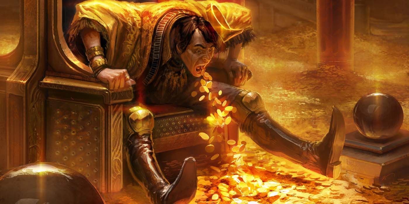 Magic the Gathering Greed Card Art Depicting Man Throwing Up Gold Coins